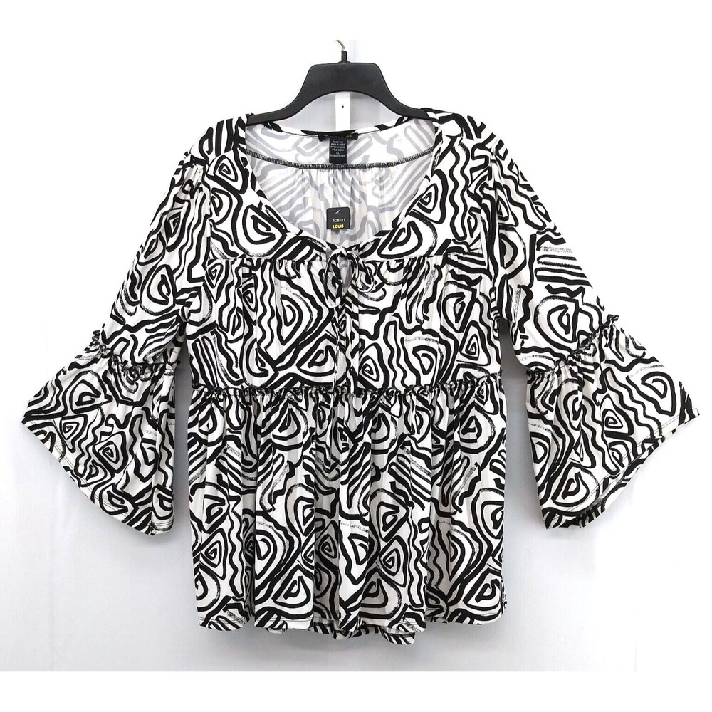 Robert Louis Blouse Womens Size XL Black White Swirls 3/4 Bell Sleeve Top